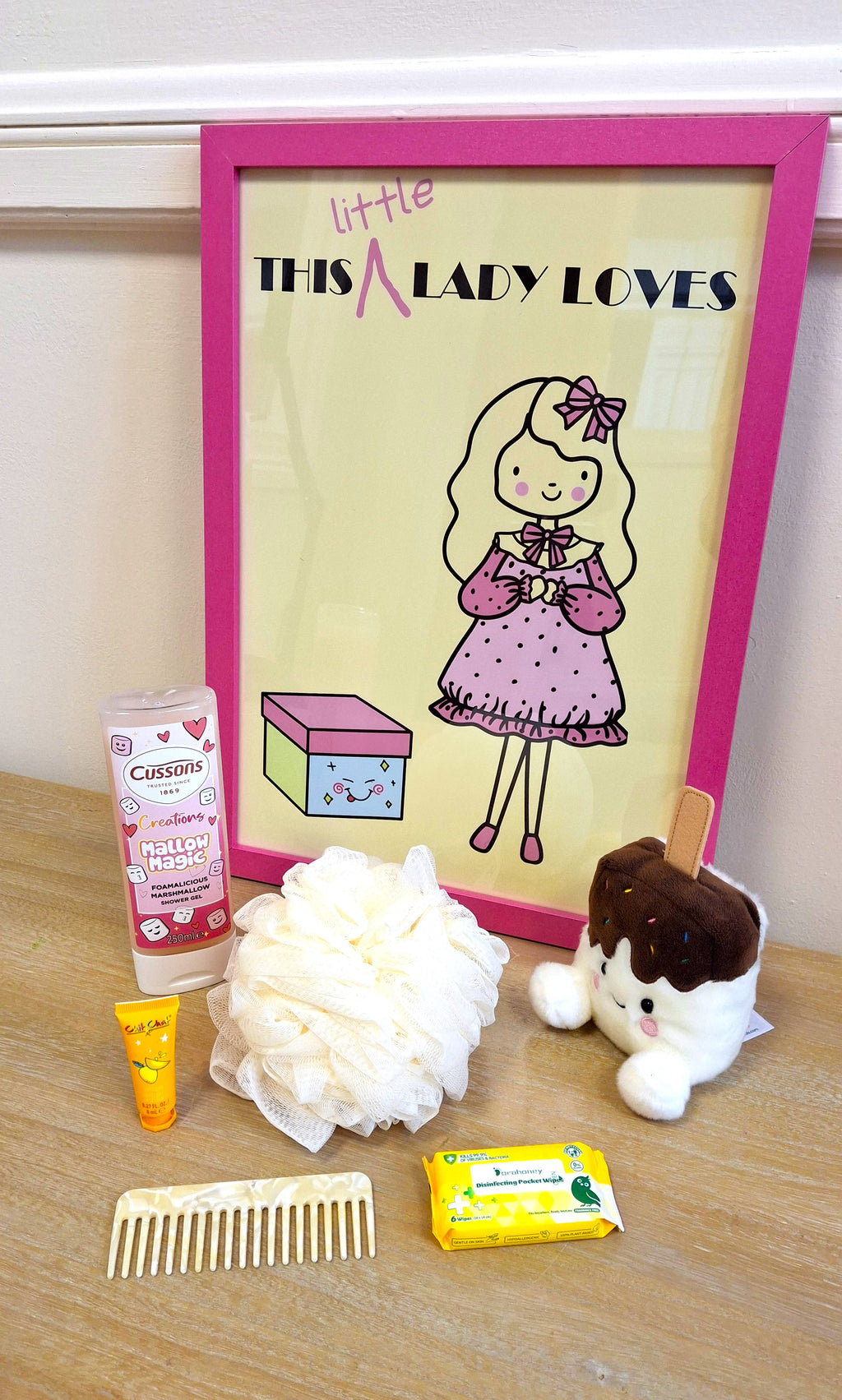Examples of toiletries included in gift boxes.