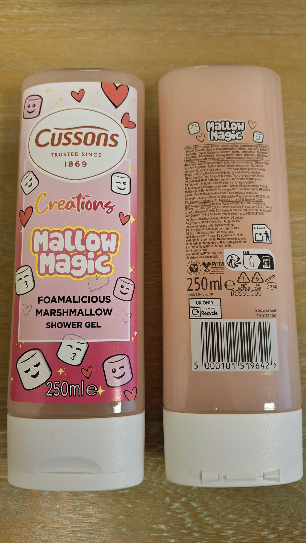 Two tubes of Cussons Creations Mallow Magic Marshmallow Shower Gel, showing the front label and back ingredient label.