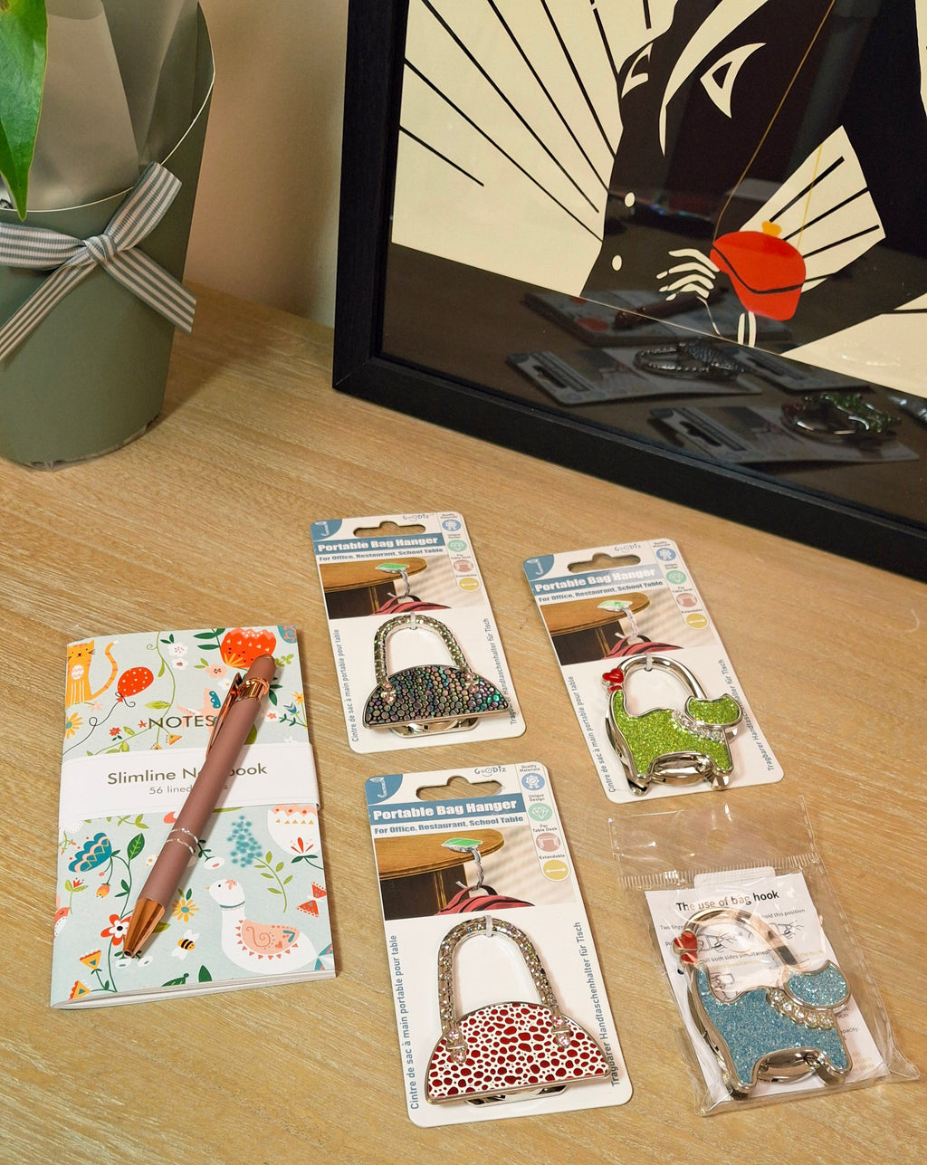 Examples of bag holders with notebook and pen.