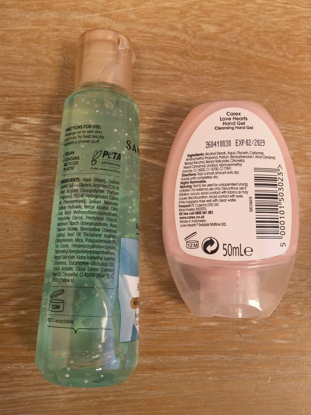 Ingredients labels of Sanctuary Spa and Carex Love Hearts sanitiser.