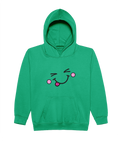 A bright green pullover hoodie with a cute cartoon face graphic on the chest, featuring winking eyes, pink cheeks, and a pink tongue sticking out. The hoodie has a front kangaroo pocket and ribbed cuffs and hem, shown against a plain white background.