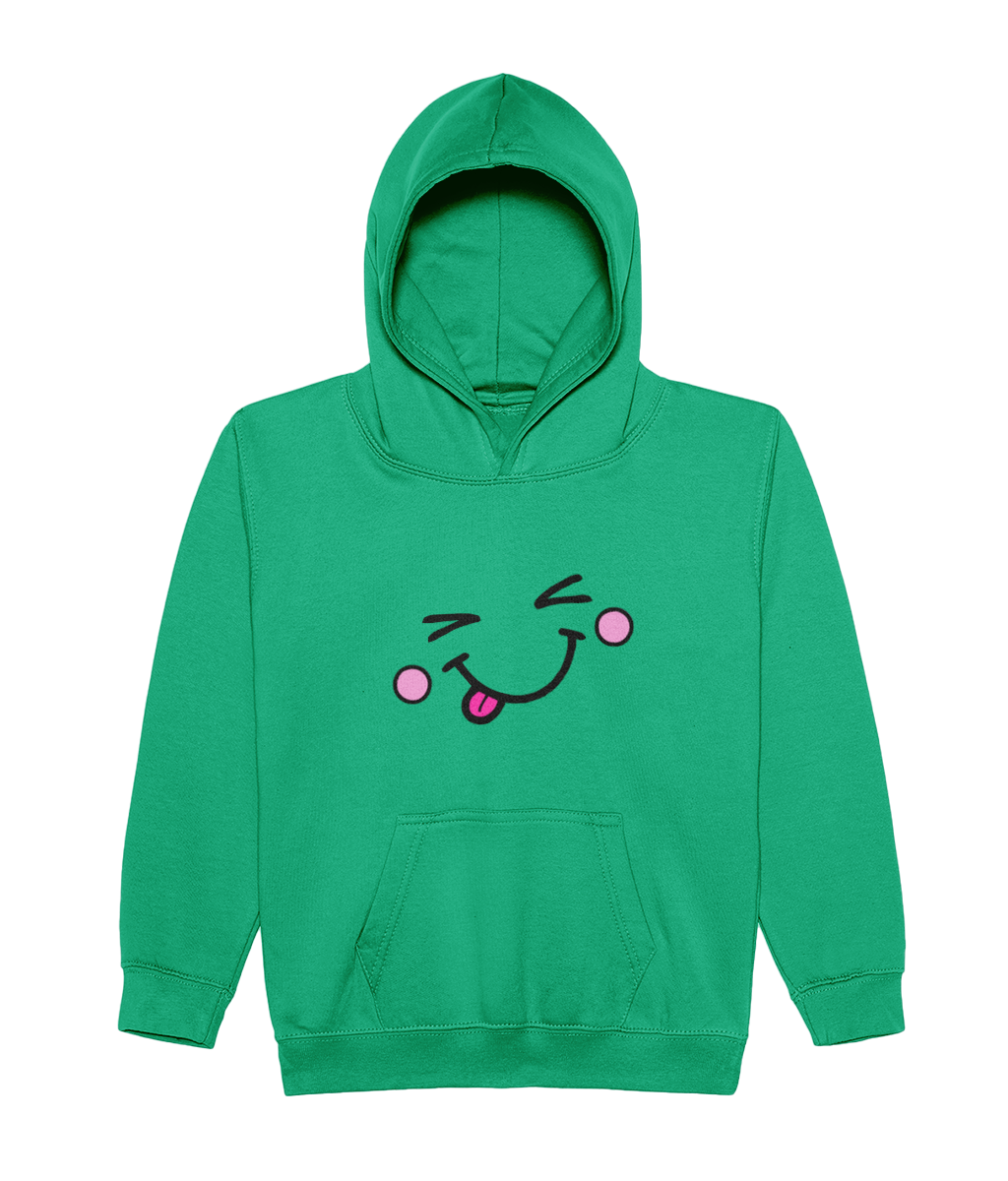 A bright green pullover hoodie with a cute cartoon face graphic on the chest, featuring winking eyes, pink cheeks, and a pink tongue sticking out. The hoodie has a front kangaroo pocket and ribbed cuffs and hem, shown against a plain white background.
