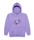 A light purple kids' pullover hoodie with a cute cartoon face graphic on the chest, featuring a winking smiley face with pink cheeks and a pink tongue, shown against a plain white background.