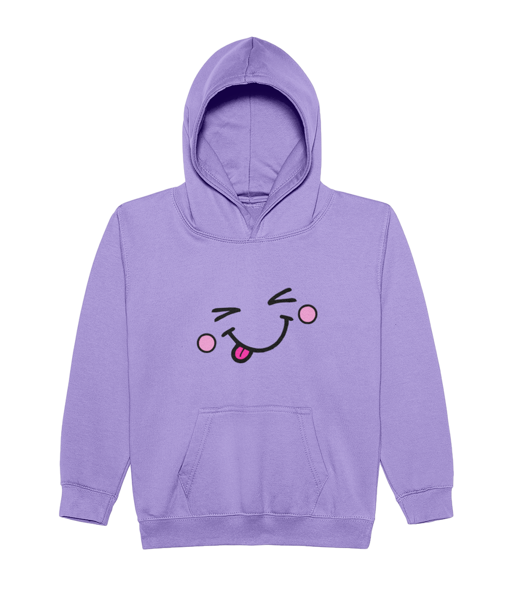 A light purple kids' pullover hoodie with a cute cartoon face graphic on the chest, featuring a winking smiley face with pink cheeks and a pink tongue, shown against a plain white background.