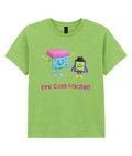A lime green heather short-sleeve t-shirt with a cartoon graphic of two smiling, mischievous characters and the text 'First Class Mischief' printed on the front, displayed on a solid white background.