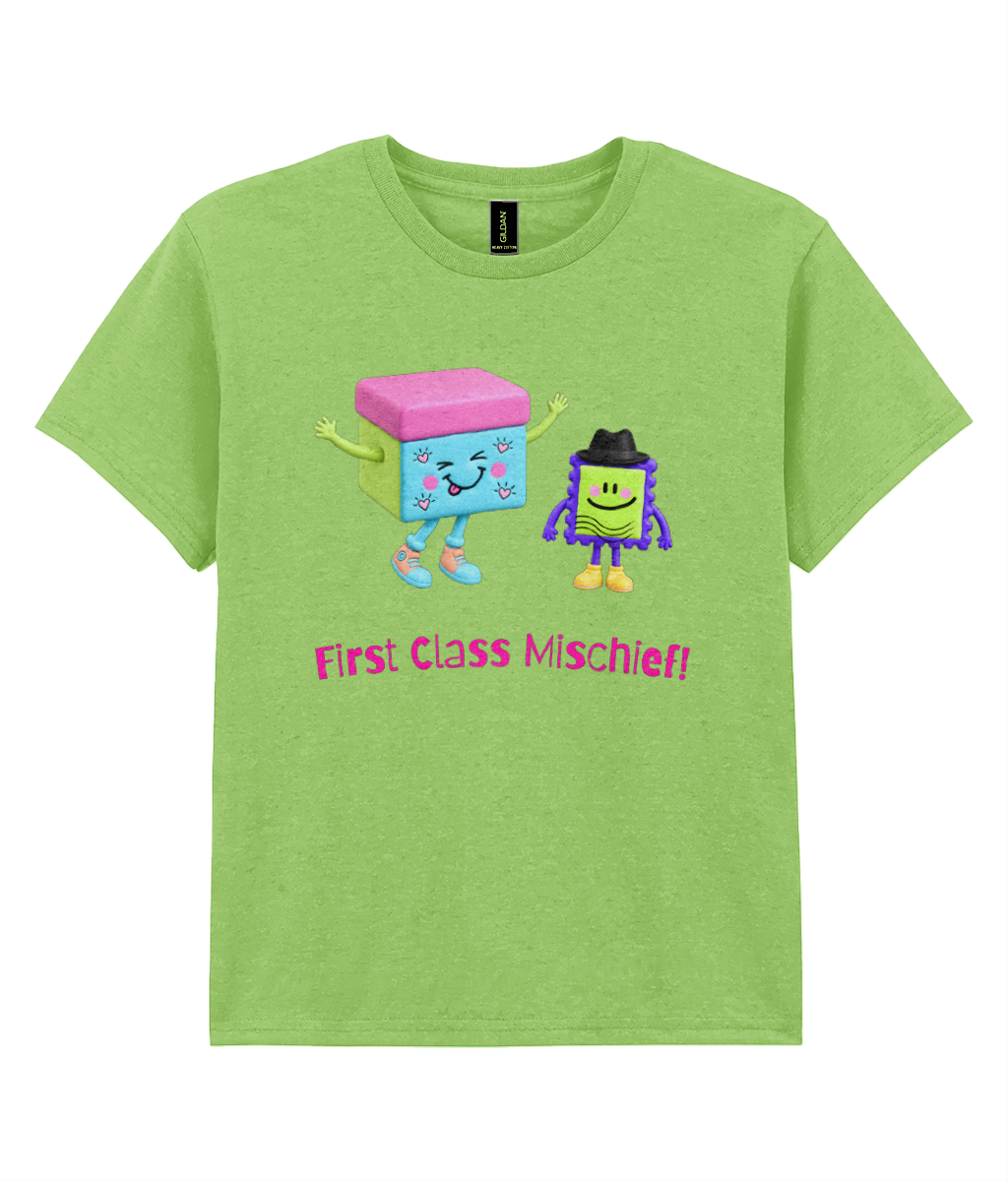 A lime green heather short-sleeve t-shirt with a cartoon graphic of two smiling, mischievous characters and the text 'First Class Mischief' printed on the front, displayed on a solid white background.