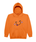 An orange pullover hoodie featuring a cute cartoon face graphic on the chest with winking eyes, pink cheeks, and a sticking-out tongue, shown against a plain white background.