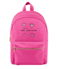 A bright pink nylon backpack with a front zippered pocket and top handle, featuring a graphic print of hand-drawn hearts and the text 'THIS LITTLE LADY LOVES' in black with a small pink bow.