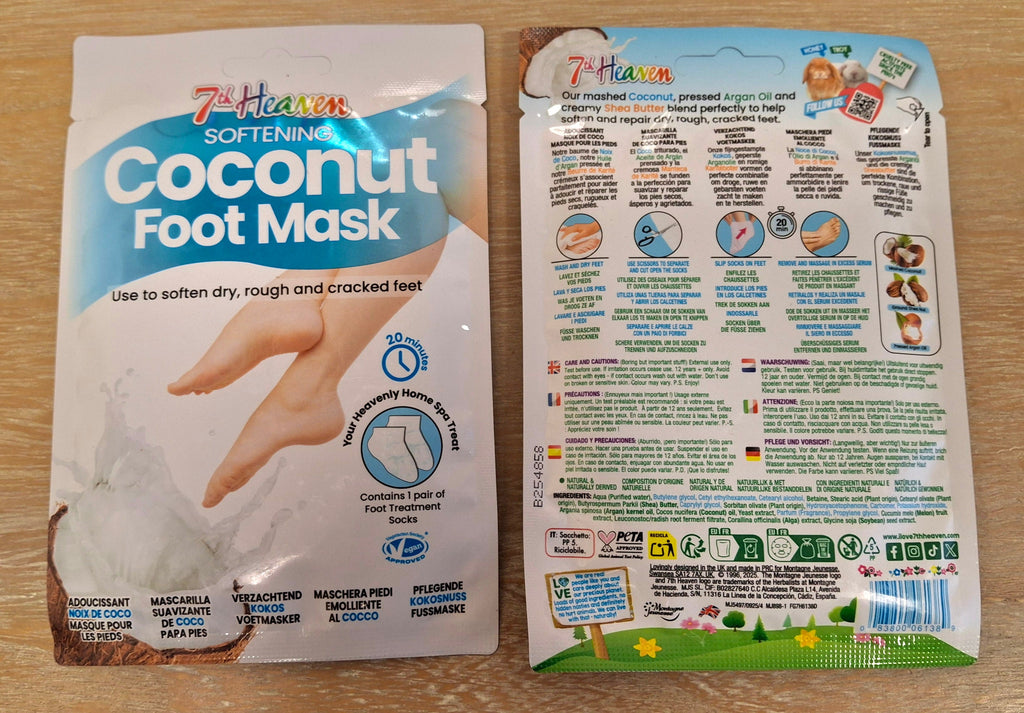 A pair of 7th Heaven Coconut Foot Mask packets, showing both the front packaging with a foot illustration and the back showing the ingredients.