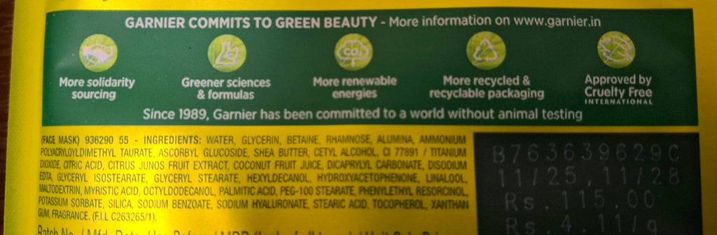 A photo of the ingredients of Garnier Bright Complete Vitamin C Serum Mask sheet.