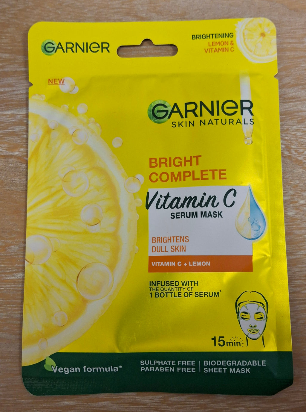 A photo of Garnier Skin Naturals Bright Complete Vitamin C Serum Mask sheet.
