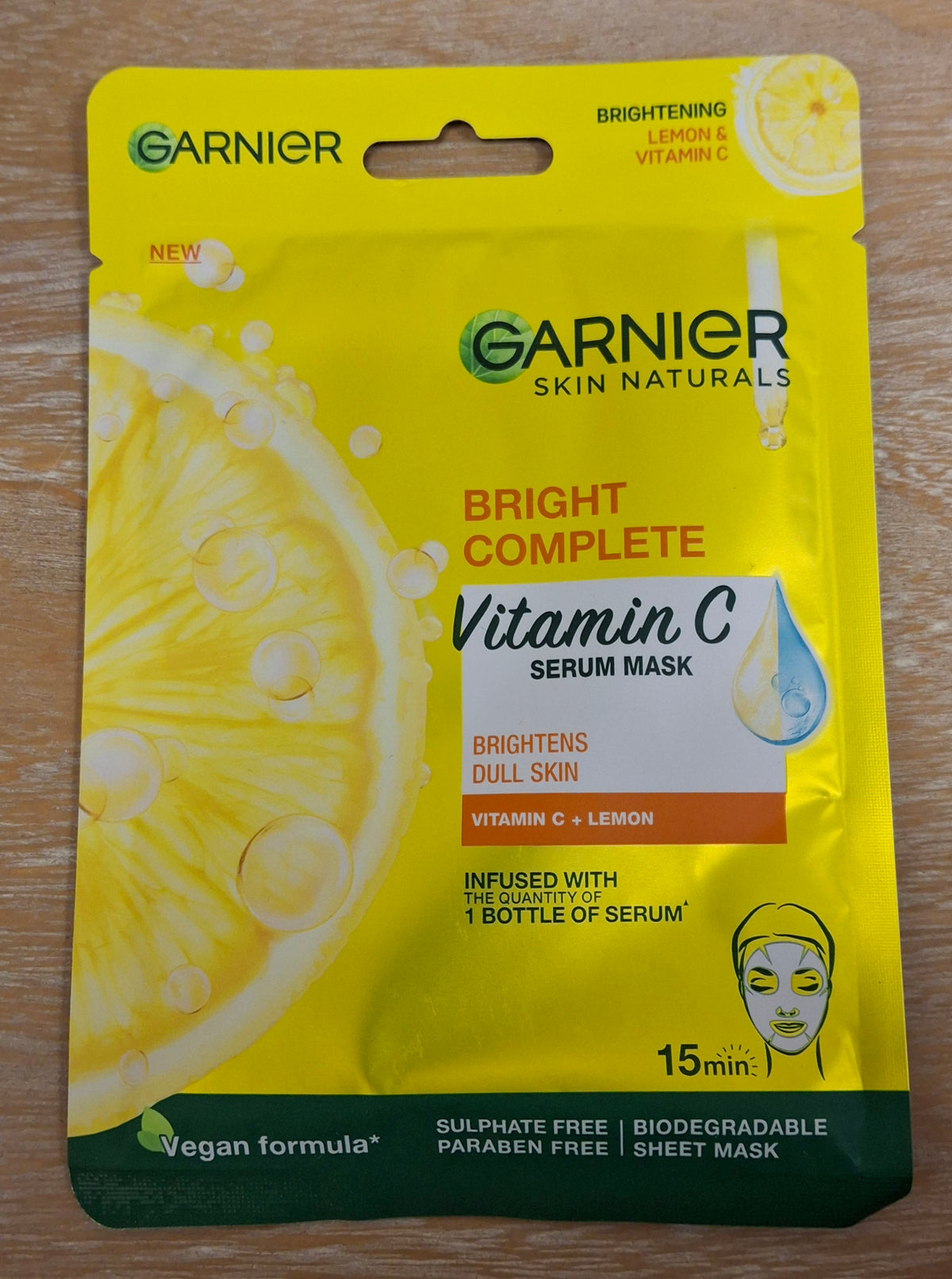 A photo of Garnier Skin Naturals Bright Complete Vitamin C Serum Mask sheet.