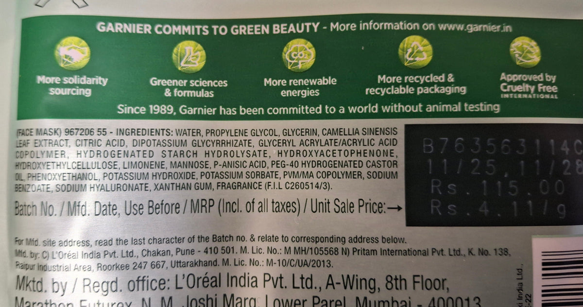 A photo of Garnier Skin Naturals Hydra Bomb Serum Mask sheet ingredients.