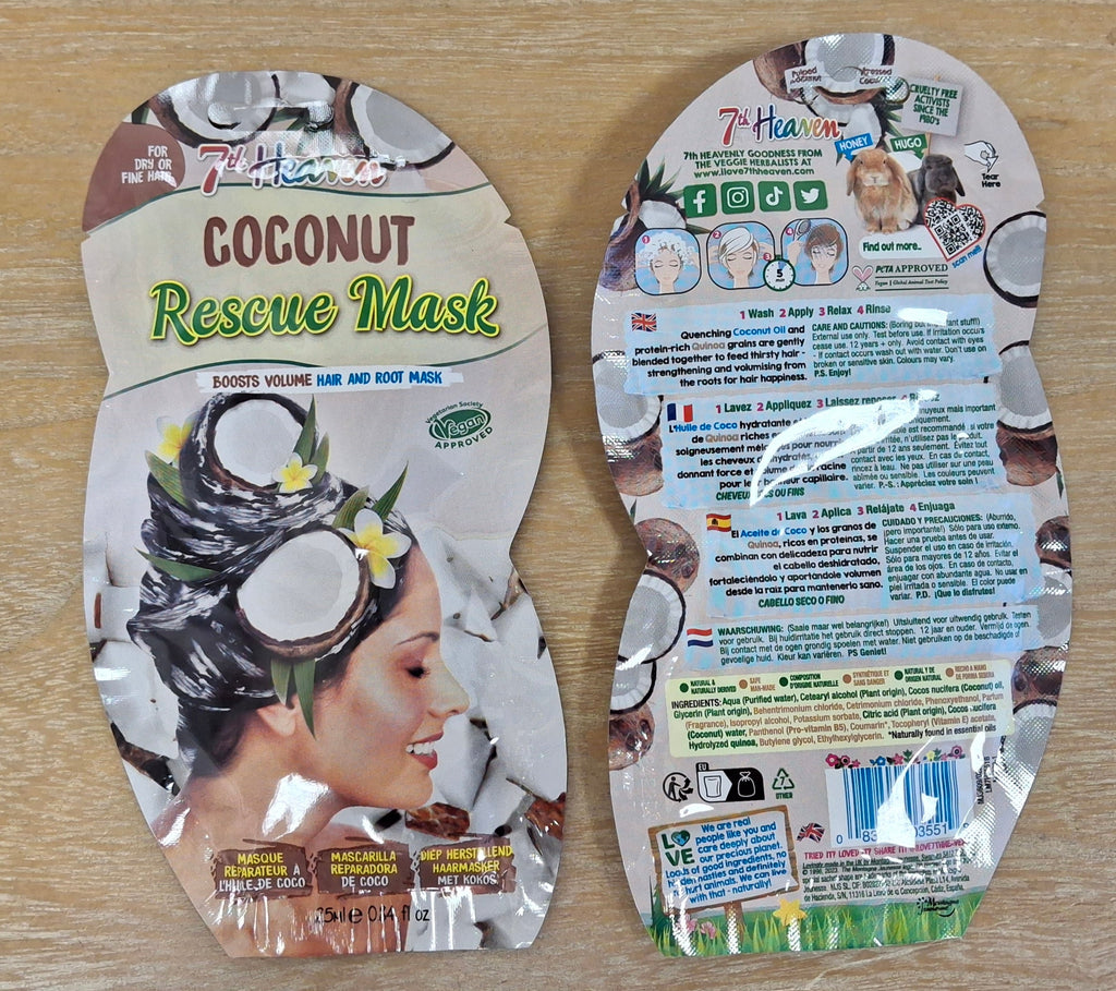 Two 7th Heaven packets showing the Coconut Rescue Mask for hair. One packet shows the front label and the ingredients on the other.