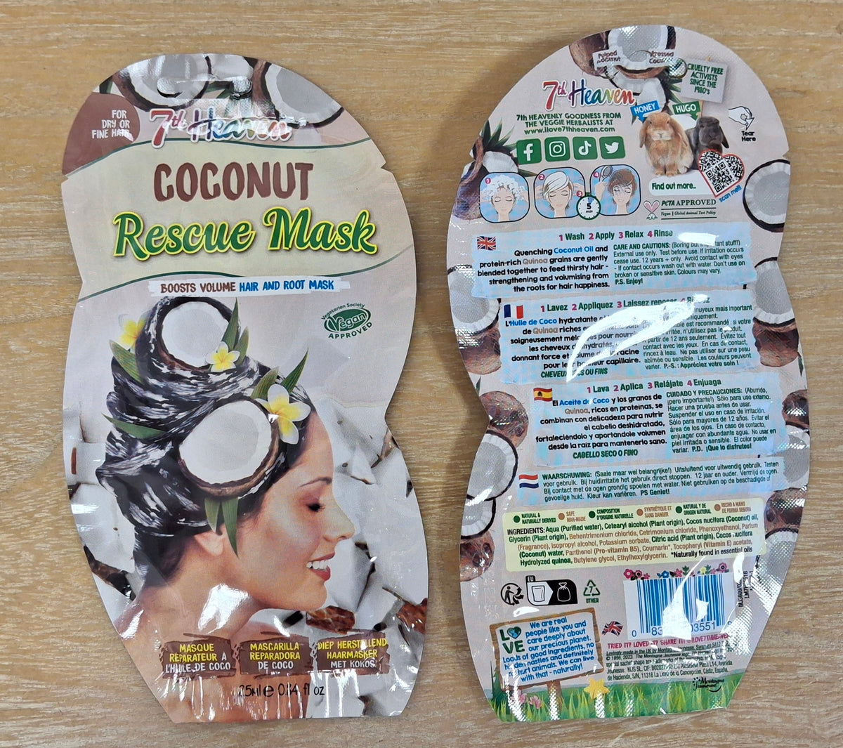 Two 7th Heaven packets showing the Coconut Rescue Mask for hair. One packet shows the front label and the ingredients on the other.