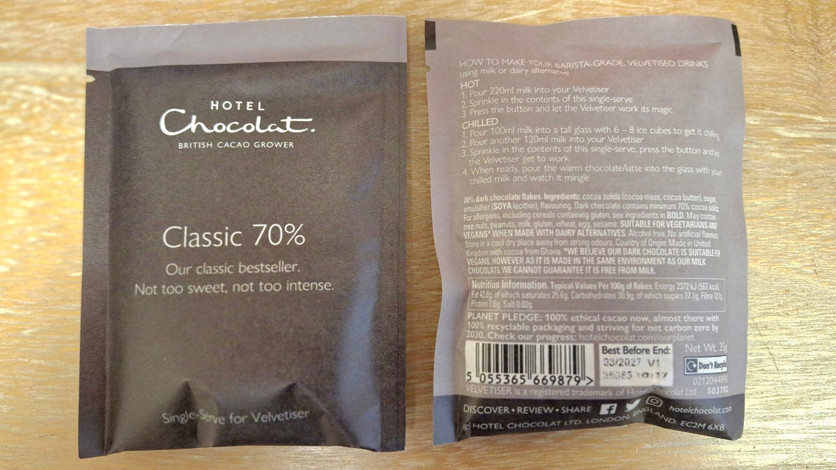 A photo of Hotel Chocolat Classic 70% drinking chocolate and its ingredients.