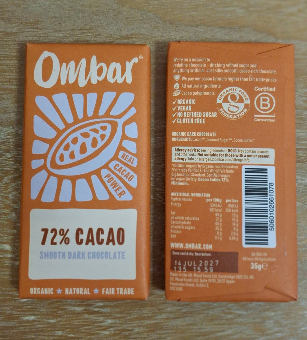 A photo of Ombar 72% dark chocolate and its ingredients.