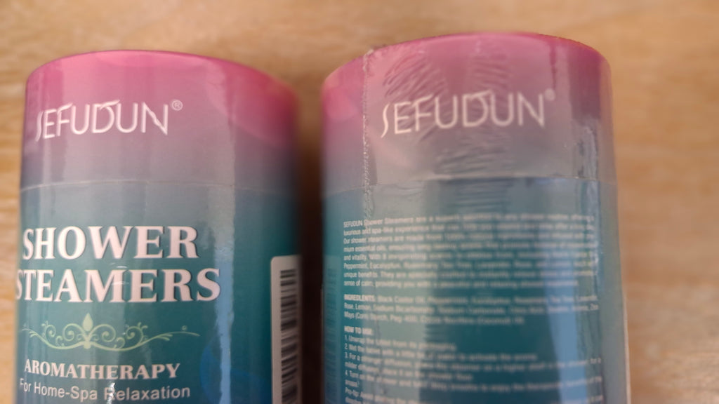 Two SEFUDUN Shower Steamers bottles showing ingredients.