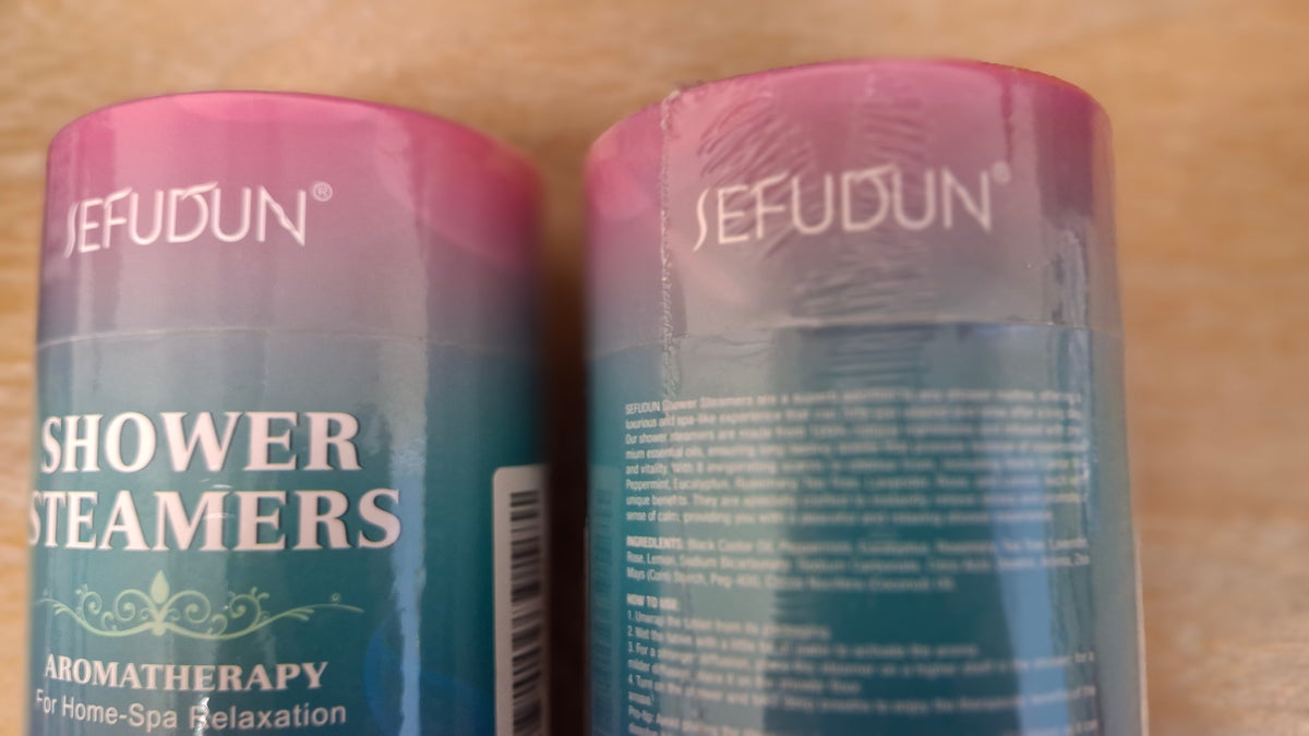 Two SEFUDUN Shower Steamers bottles showing ingredients.
