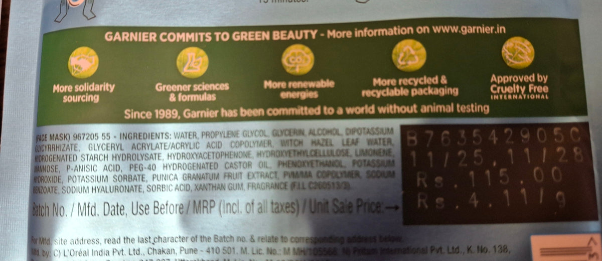 A close-up of Garnier Hydra Bomb Serum Mask ingredients.