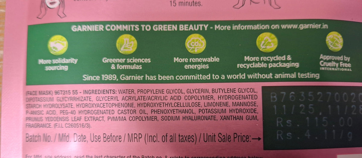 A photo of Garnier Skin Naturals Sakura Glow Hyaluron Serum Mask ingredients.