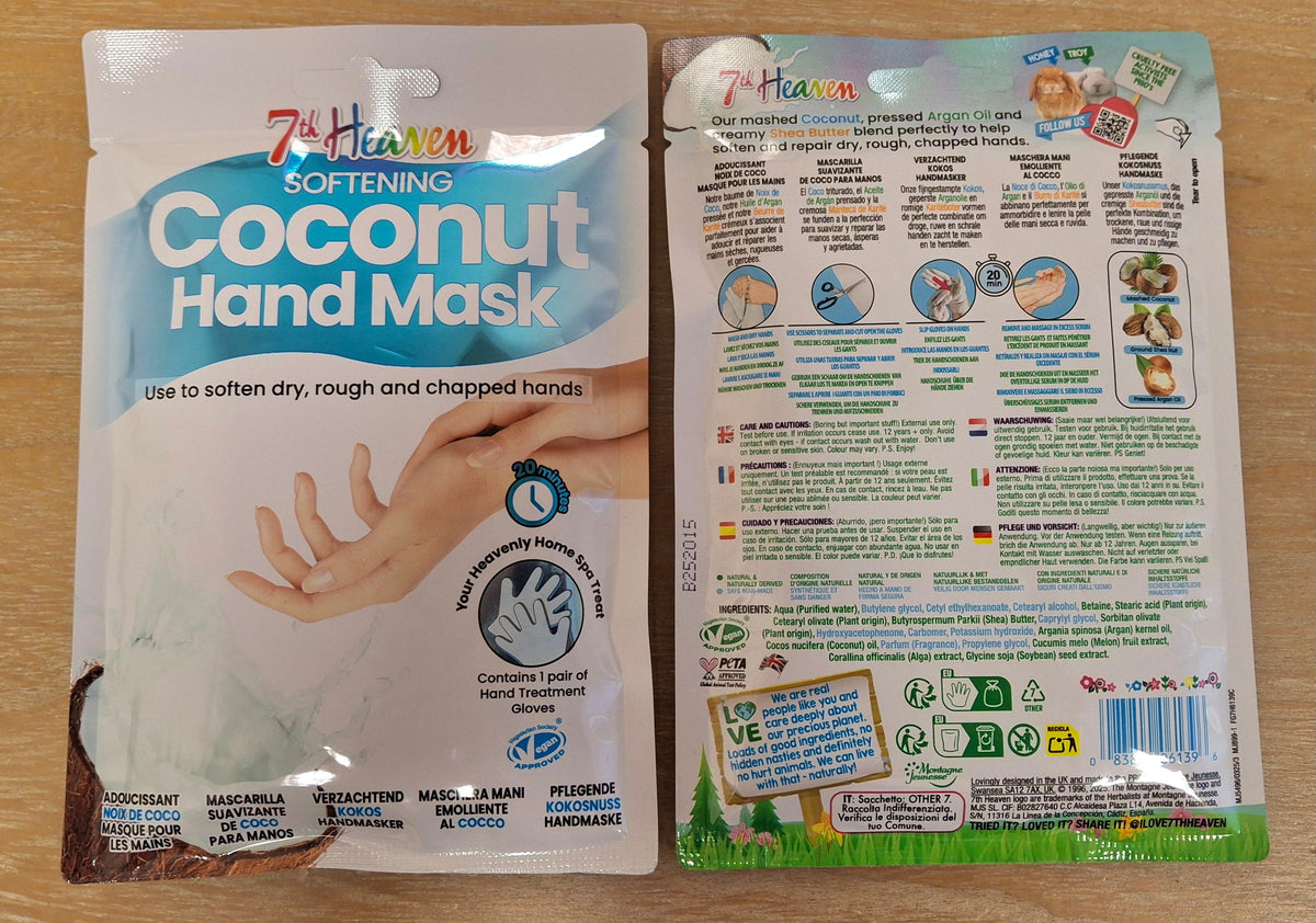 Two packets of 7th Heaven Coconut Hand Mask showing the front label and ingredients label on the other.