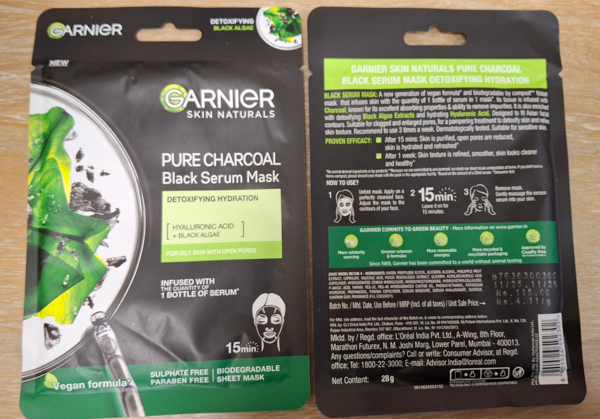A photo of Garnier Pure Charcoal Black Serum Mask showing its ingredients.